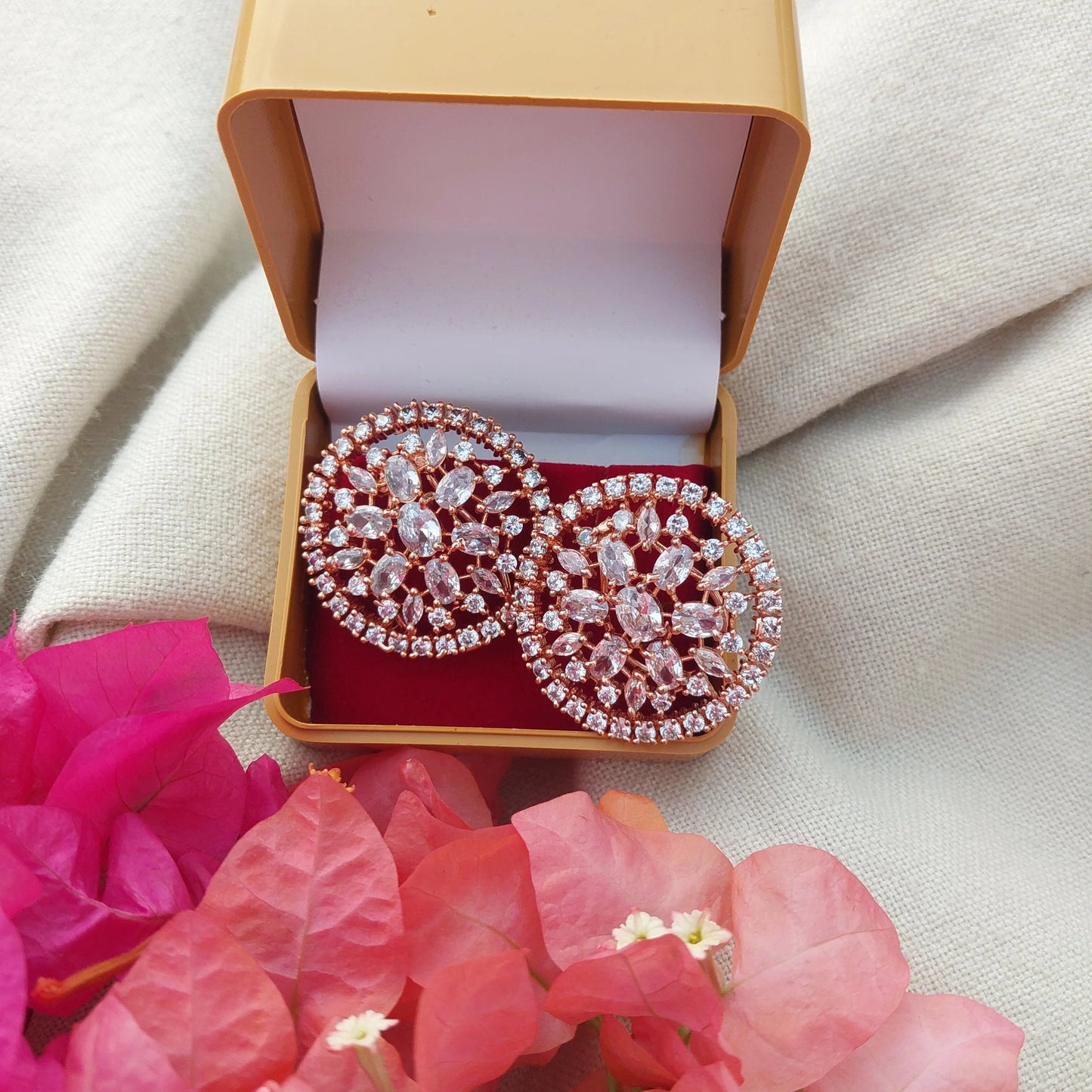 RAJAS American Diamond Rose Gold Plated AD Flower Shaped Stud Earrings