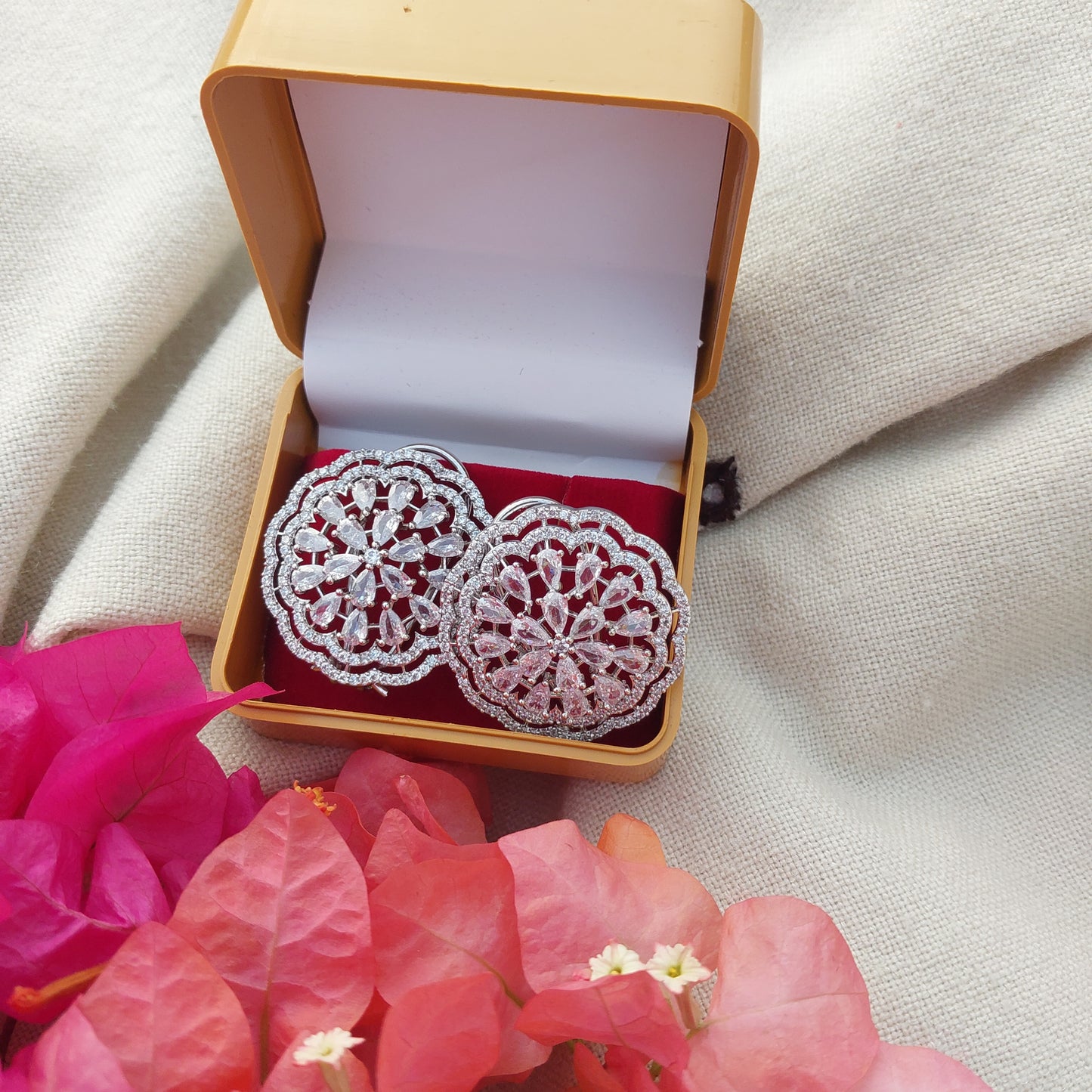 Flower Shape Clear AD American Diamond Silver Polish Stud Earrings