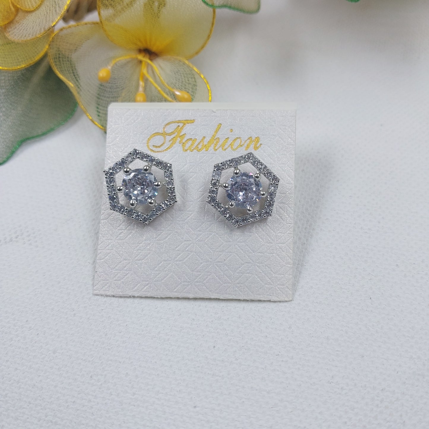 Clear American Diamond AD Hexagonal Shape Silver Polish Stud Earrings