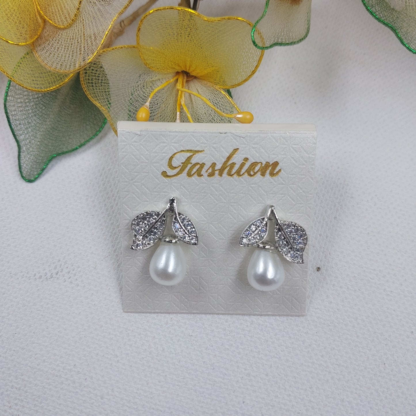 White Pearl American Diamond AD Silver Polish Leaf Shape Stud Earrings