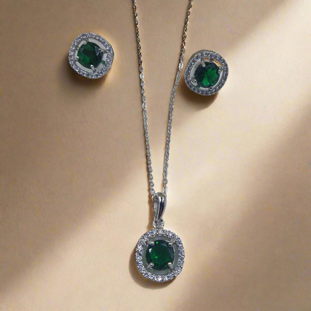 Green American Diamond AD Stone Pendent Set with Silver Polish Chain and Green AD Stud Earrings