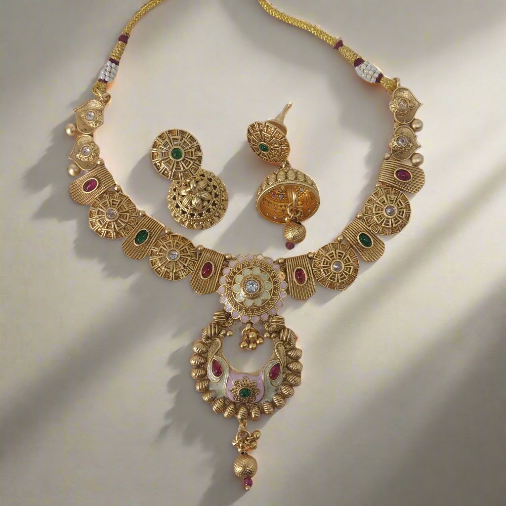 Copper Meenakari Necklace with Antique Polish and Jhumka Earrings