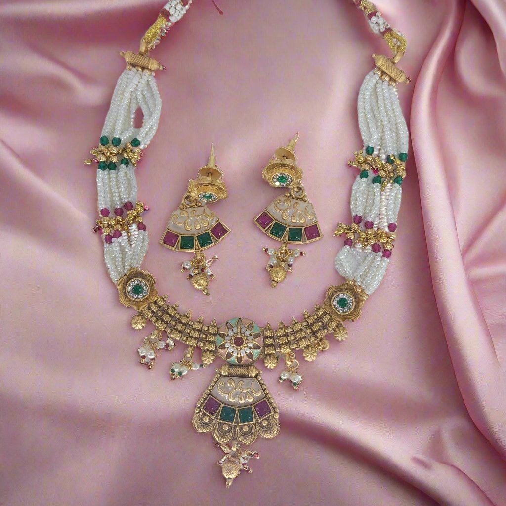 Copper Necklace with Red Green Beads and White Moti with Earrings