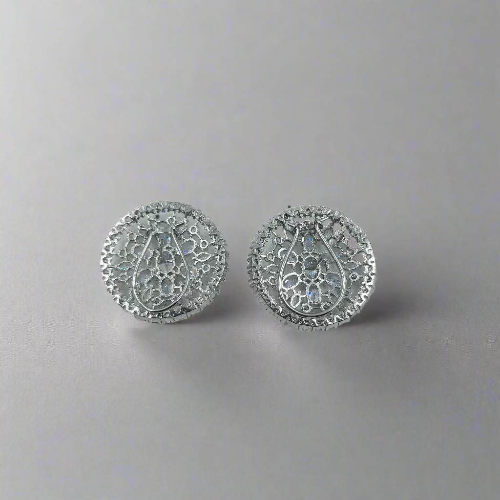 Buy Clear American Diamond AD Sliver Polish Round Shape Stud Earrings