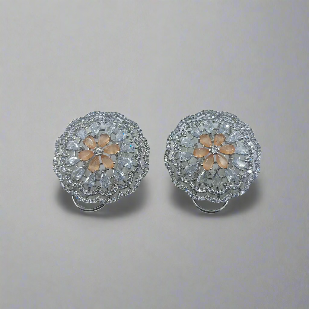 Buy Round Flower Shaped Peach Color American Diamond AD Silver Polish Stud Earrings