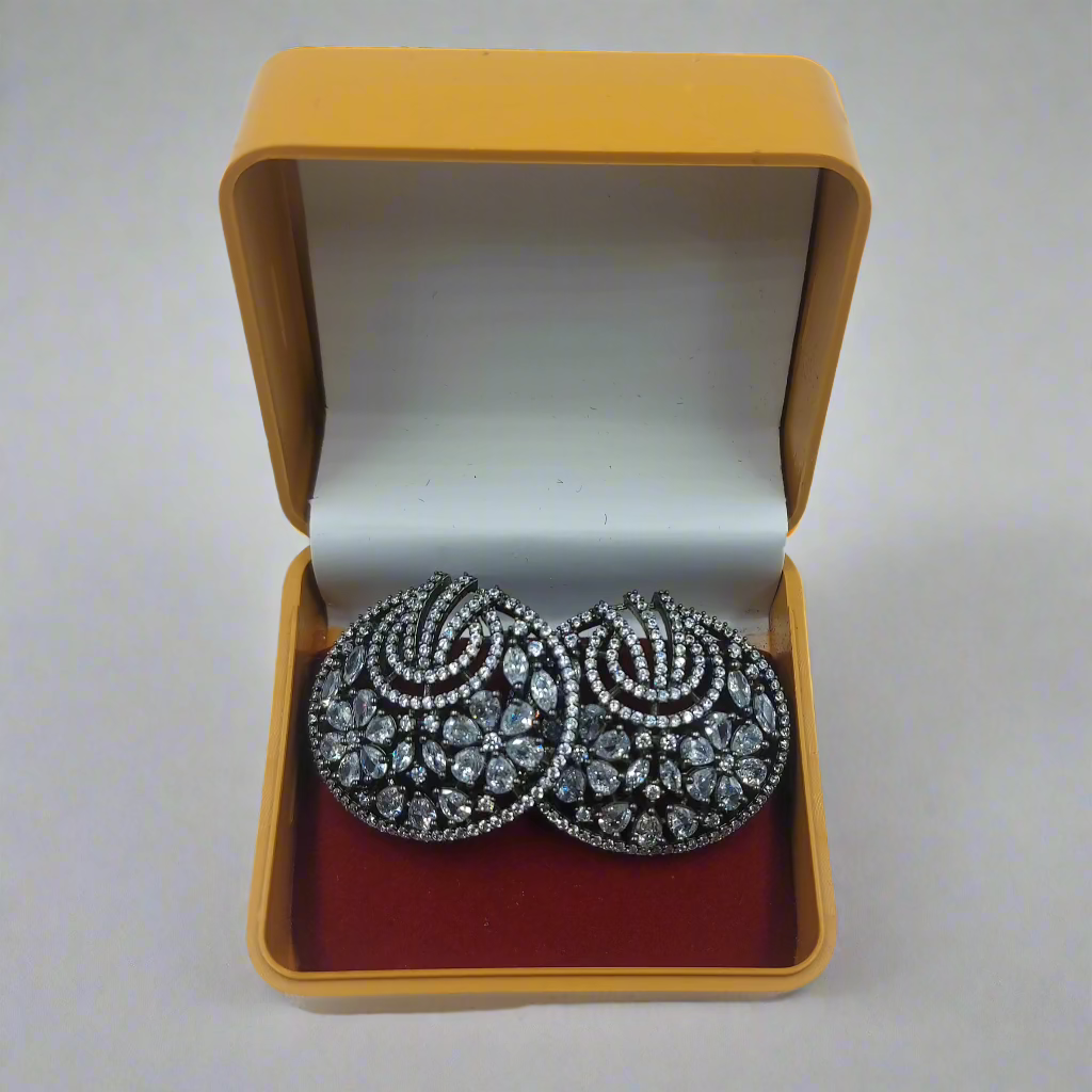 Buy RAJAS Dark Silver Polish Oval Shaped Clear American Diamond AD Stud Earrings