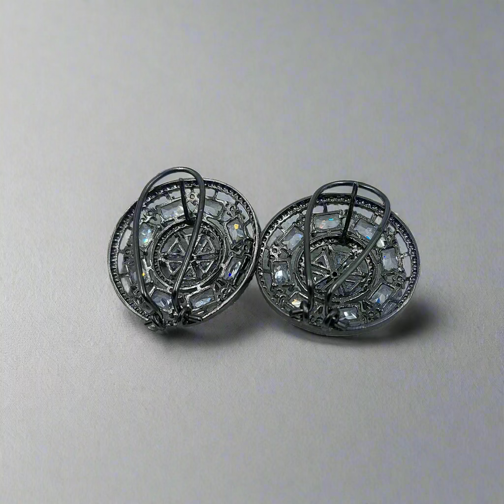 Buy Round Shaped Dark Silver Polish Clear American Diamond AD Stud Earring