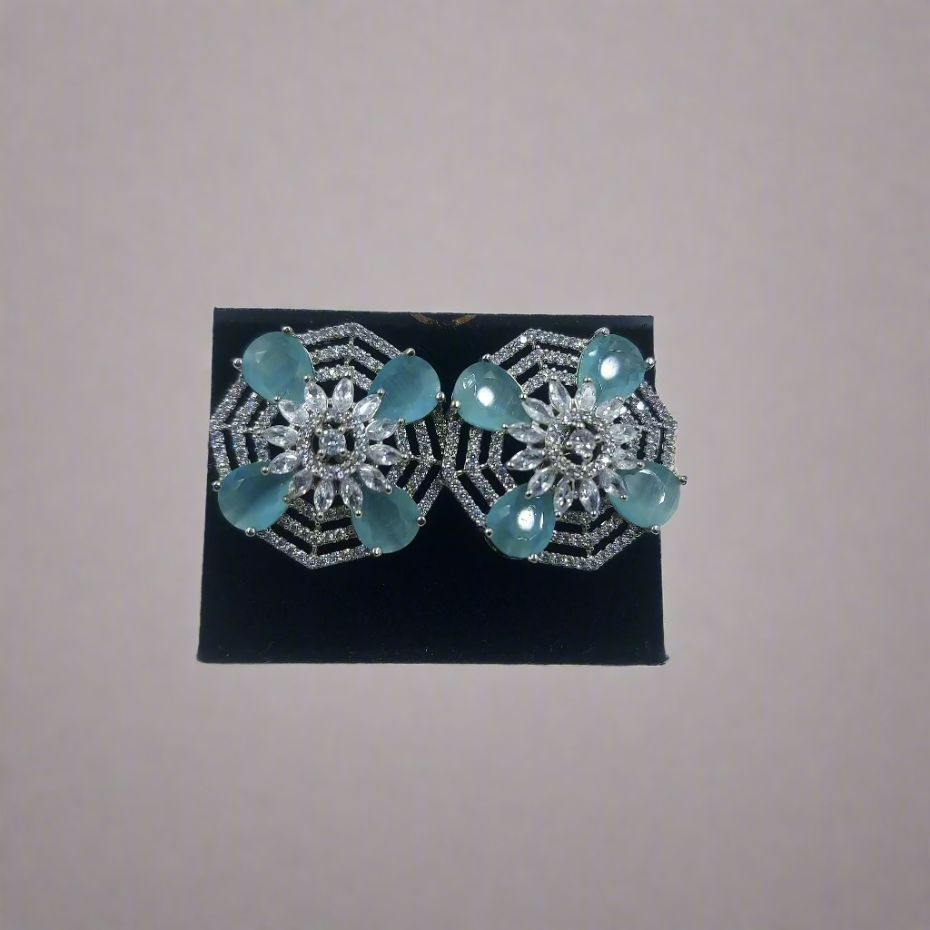 Turquoise Color American Diamond AD Silver Polish Stud Earrings