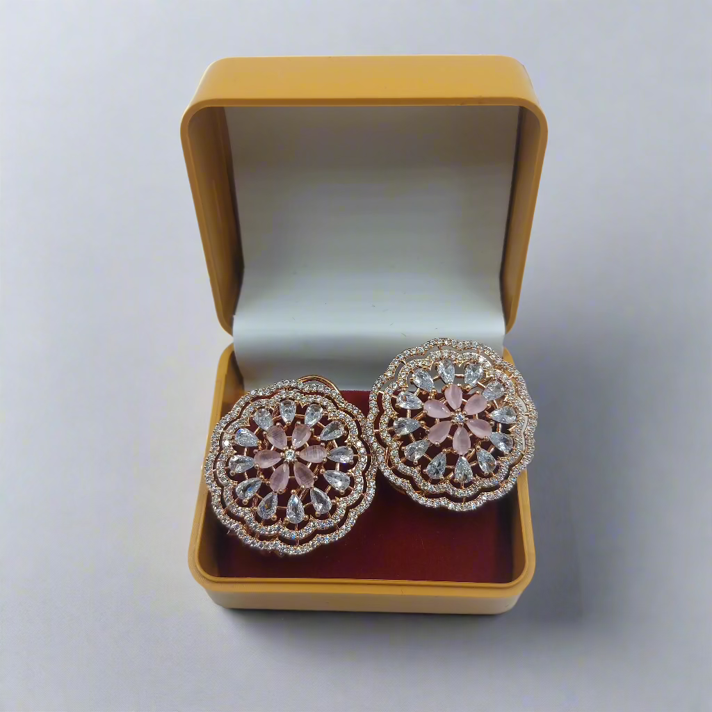 Buy Rose Gold Polish Pink Color American Diamond AD Flower Shaped Stud Earrings