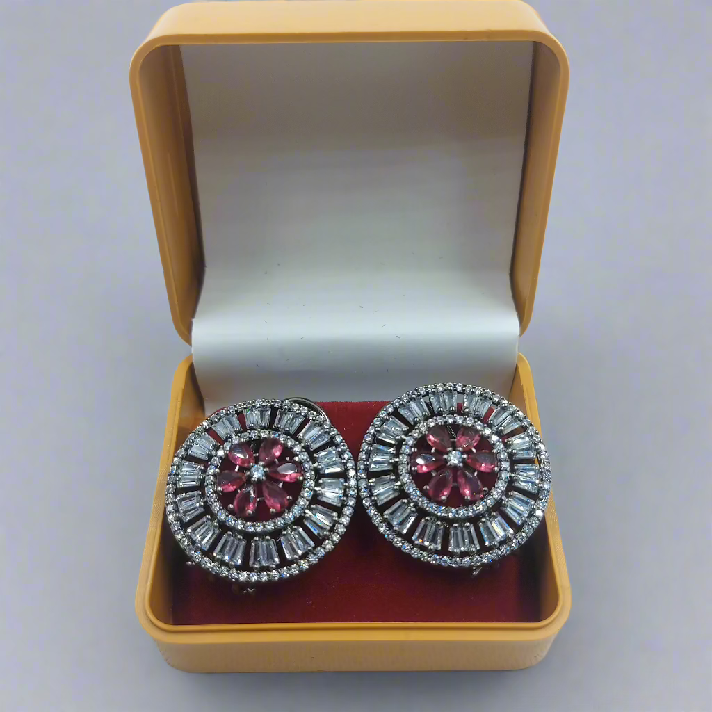 Buy Silver Dark Polish Round Shaped Red American Diamond Stud Earrings