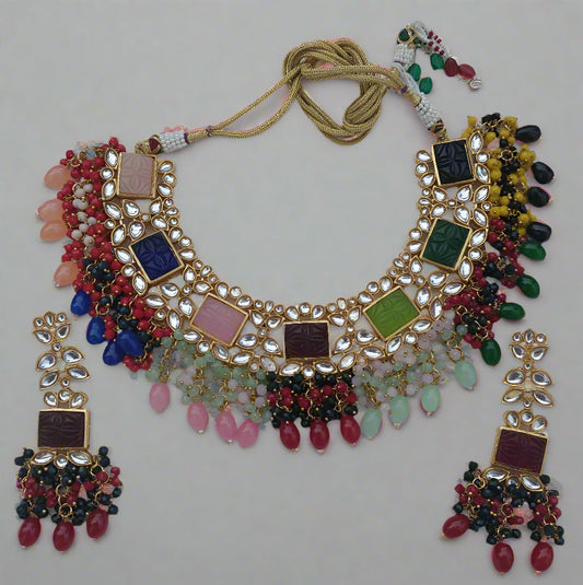 Monalisa Carving Stone Multicolor Necklace with Earrings