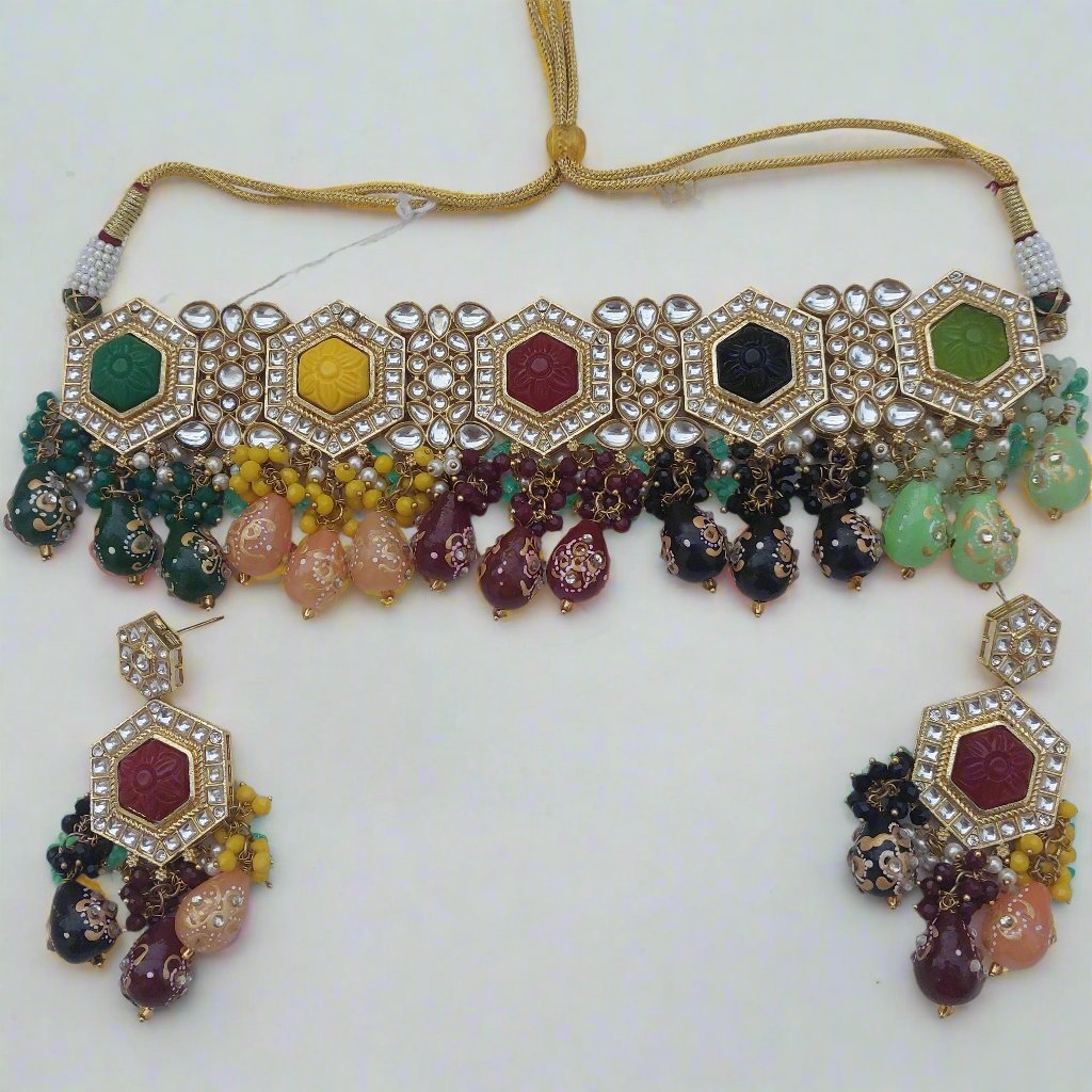 Multi Color Monalisa Carving Stone Jaipuri Choker with Earrings