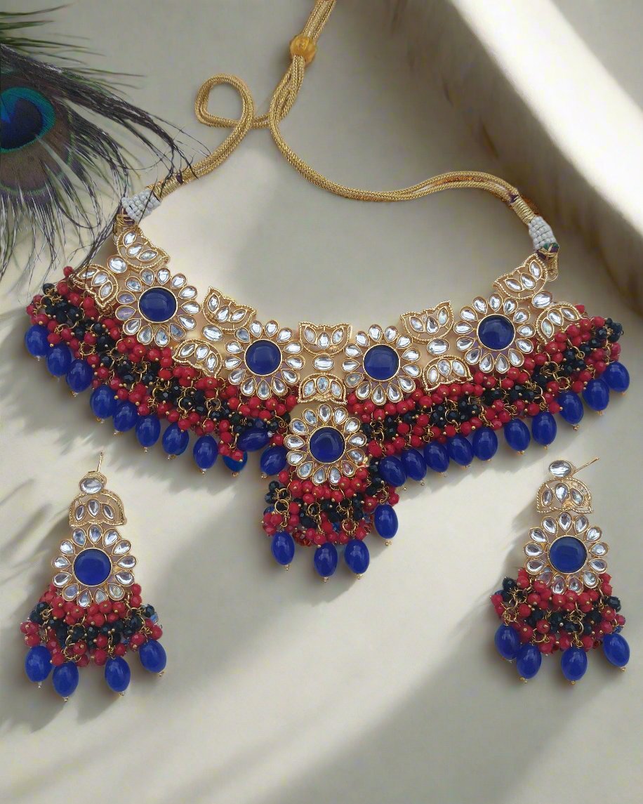 RAJAS Bule Beads Jaipuri Necklace with Earrings