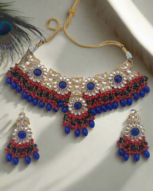 RAJAS Bule Beads Jaipuri Necklace with Earrings
