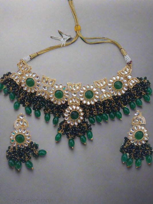 Green Monalisa Stone and Beads Jaipuri Necklace with Earrings
