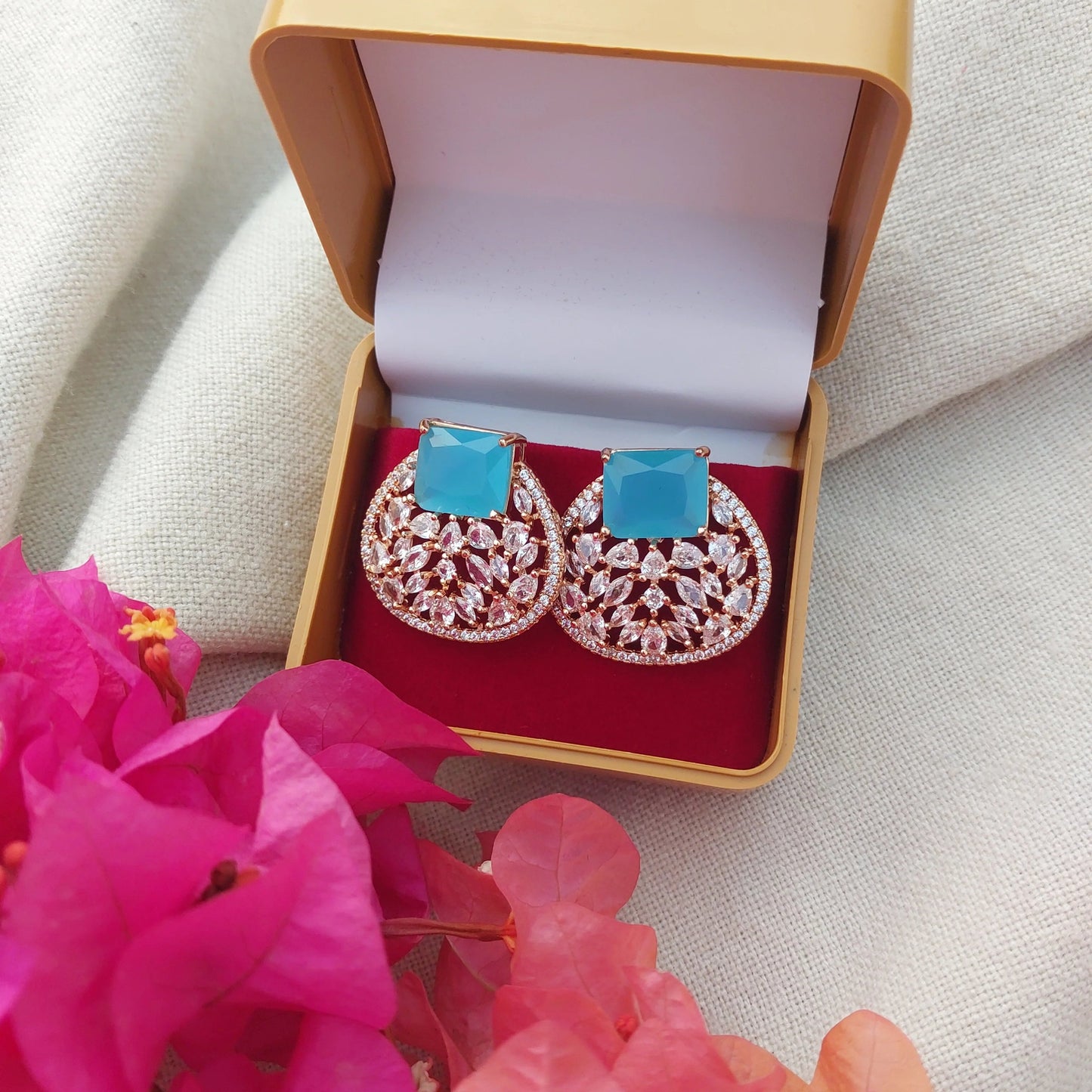 Buy RAJAS American Diamond Turquoise Color Stone Rose Gold Plated Stud Earrings