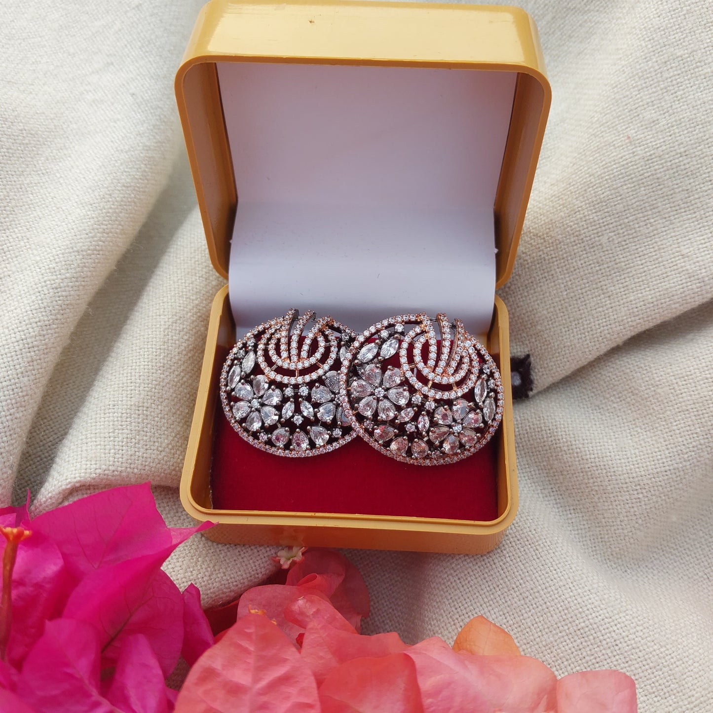 Dark Rose Gold Polish Clear American Diamonds Round Stud Earrings
