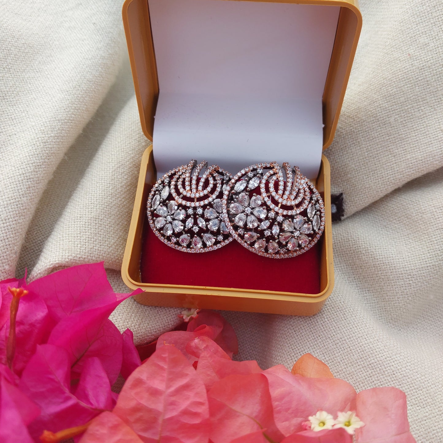 Dark Rose Gold Polish Clear American Diamonds Round Stud Earrings