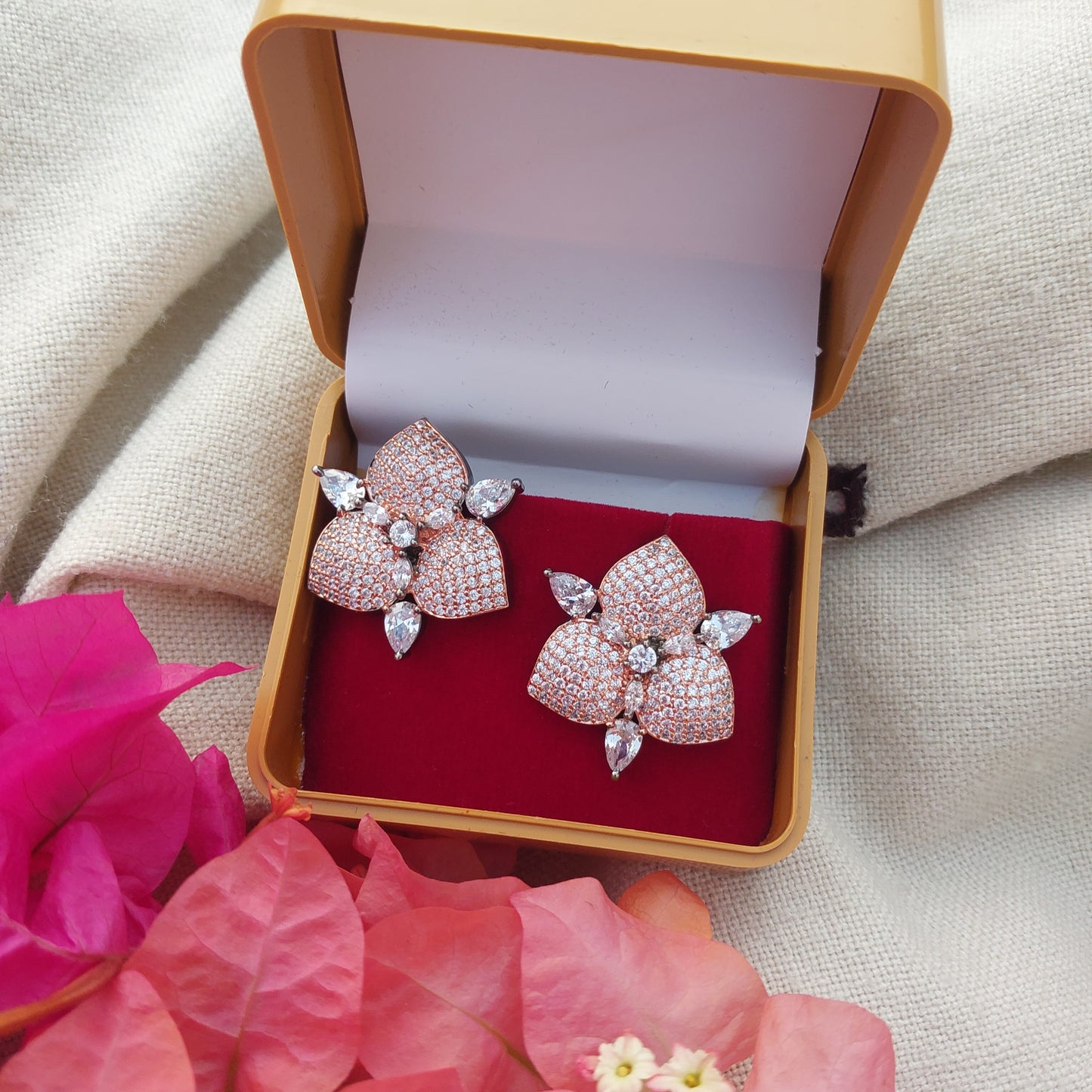 Triangle Shape Rose Gold Polish Clear American Diamond AD Stud Earrings