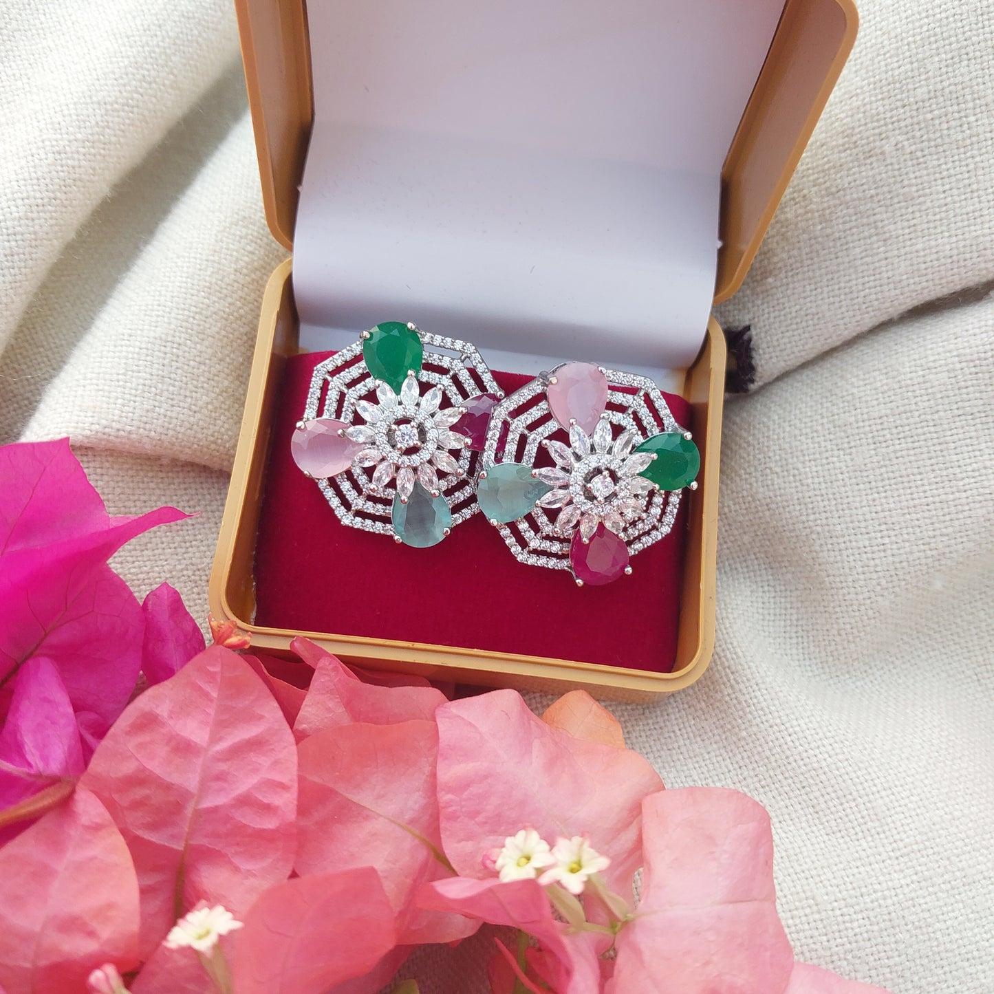 Multi Colored  Silver Polish American Diamond AD Stud Earrings