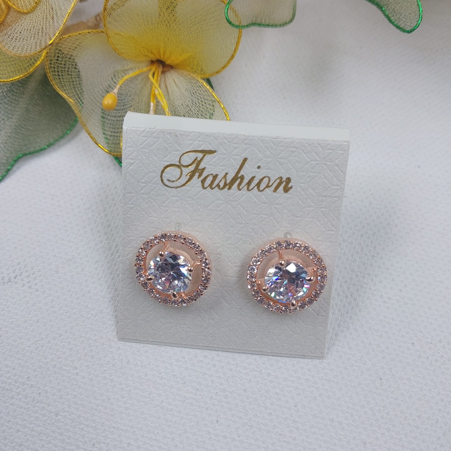 RAJAS American Diamond AD Rose Gold polish Round Shape Stud Earrings