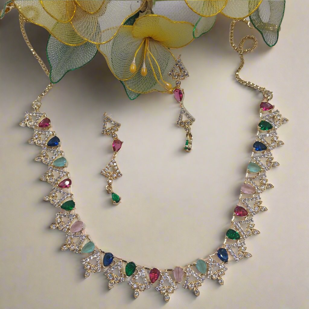 Multi Color American Diamond AD Necklace set with Golden Color Polish and Dangling AD Earrings