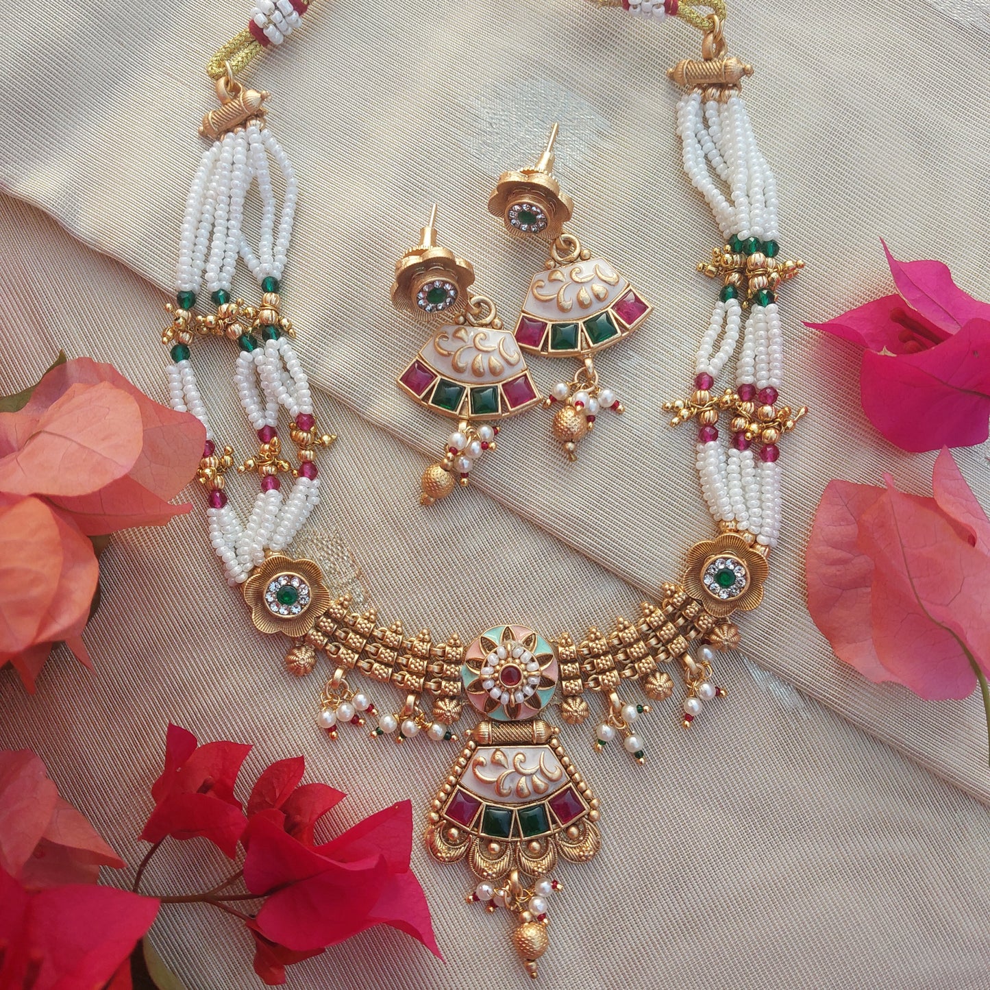 Copper Necklace with Red Green Beads and White Moti with Earrings