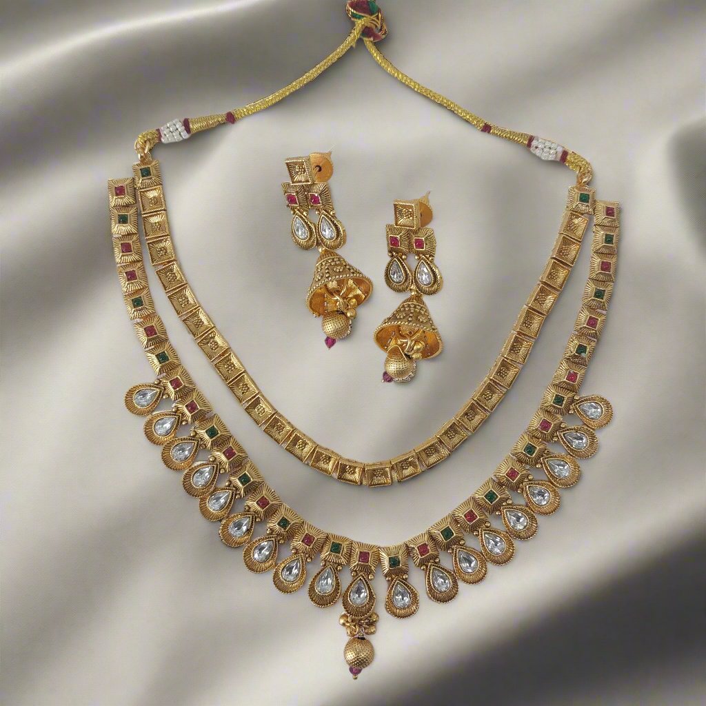 Buy RAJAS Copper Antique Polish Two Layer Necklace Set with Earrings