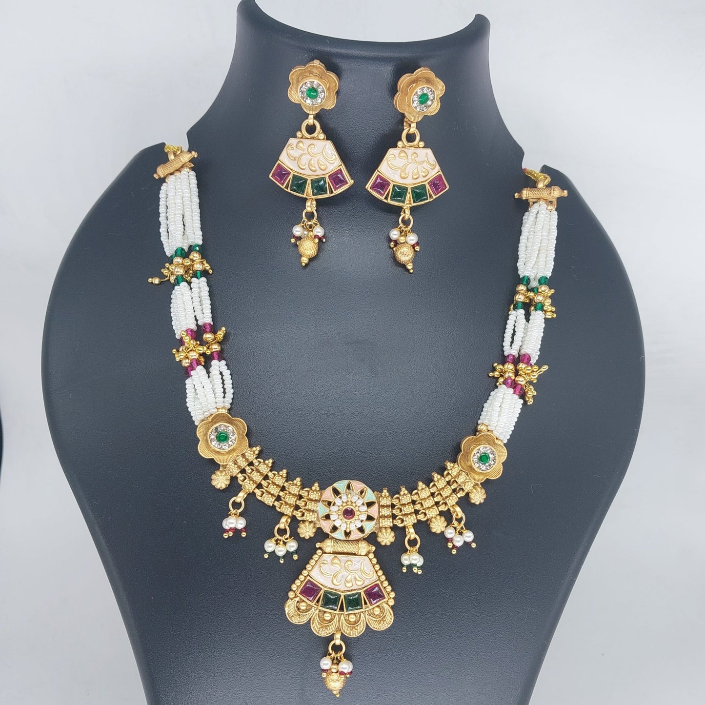 Copper Necklace with Red Green Beads and White Moti with Earrings