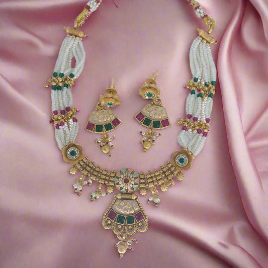Copper Necklace with Red Green Beads and White Moti with Earrings