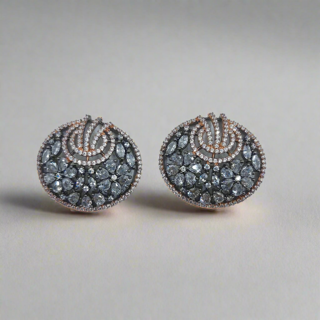 RAJAS Dark Rose Gold Polish Oval Shaped American Diamond AD Stud Earrings
